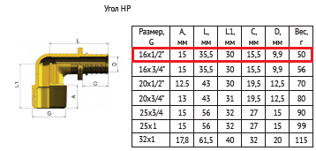 Угол аксиальный 16х1/2", наружная резьба