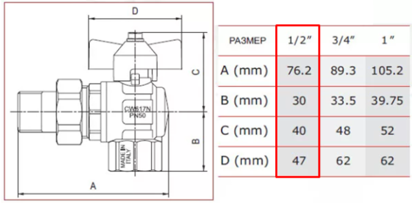 Кран шаровый со сгоном угловой внутр/наруж 1/2", бабочка PN40