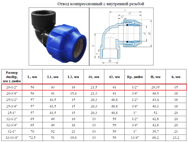 Отвод ПНД комбинированный 20х1/2", внутренняя резьба