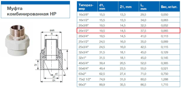 Муфта PP-R комбинированная 20х1/2", наружная резьба